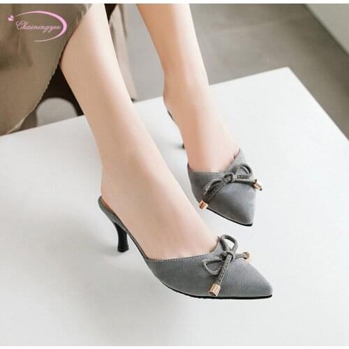 Japanese sweet style sexy pointed toe summer slippers fashion bowknot slip-on black grey high heel womens shoes big size
