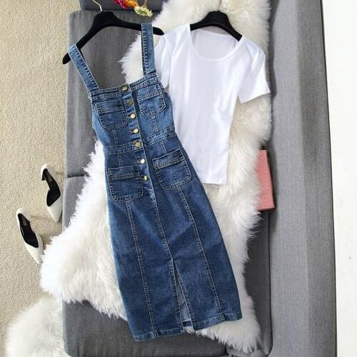 2020 Spring Summer Women Denim Sundress Set Blue Slim Sunspender Jeans Dress Casual A-line Sexy Split Party Dresses Vestidos 164