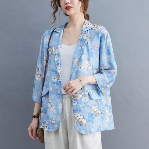 Women Cotton Linen Casual Blazer Coats New 2021 Summer Vintage Style Floral Print Loose Ladies Half Sleeve Elegant Jackets B808