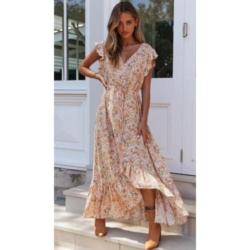 2020 New Brand Women Asymmetrical Dress Short Butterfly Sleeve V Neck Sashes Dress Bohemian Long Dress Sundress