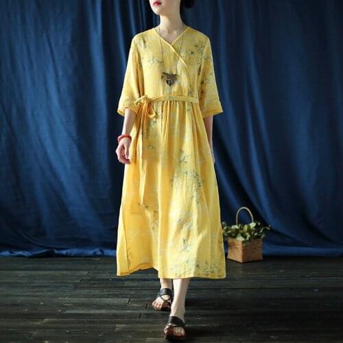 Women Loose Ramie Printed Dress Ladies V Neck Print Summer Ramie Dresses Female 2020 Ramie Dress