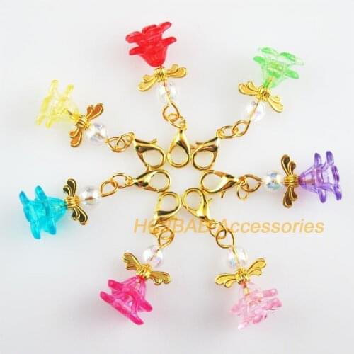 14 New Tiny 14x24mm Angel Charms Mixed Flower Acrylic Gold Color Retro With Lobster Claw Clasps