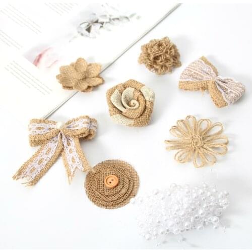 8pcs/set Vintage Natural Jute Burlap Rose Flower Pearl String For Wedding Party Home Deco Supplies DIY Handmade Crafts