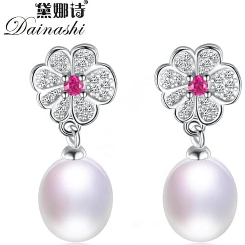 Dainashi Fine Jewelry 925 Sterling Silver Red Zircon Flower Drop Earrings Genuine Natural Freshwater Pearl Earrings for Women