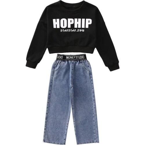 Kids two piece set 4-16 years girls fashion 2020 cool hip hop streetwear long sleeve swearshirt top and loose pant Jeans clothes