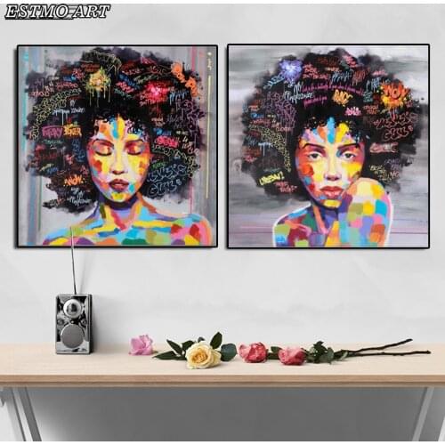 Home Decor Canvas Wall Art Abstract African Girl with Letters Cuadros Modern Pop Wall Graffiti Art Paintings Black Woman Picture