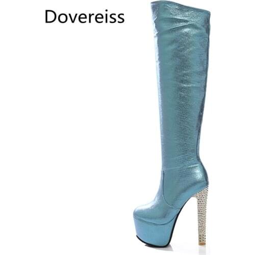 Dovereiss Fashion Womens Shoes Winter new Elegant Pure color Waterproof silver sexy Knee high boots Stilettos heels 33-40