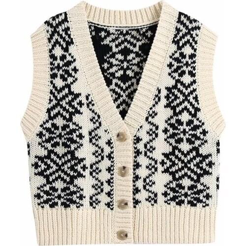 Evfer Women Autumn Fashion Knitted Print Za Cardigans Vest Chic Lady Casual Sleeveless V-Neck Single Breasted Sweaters Jumpers