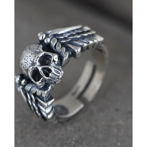 FNJ Punk Skull Ring 925 Silver New Fashion Original S925 Sterling Silver Rings for Men Jewelry Adjustable size
