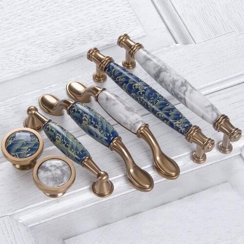 Blue Leaf hand painted ceramichandle and knobs Cupboard cabinet Knob drawer Dresser handles Closet pulls