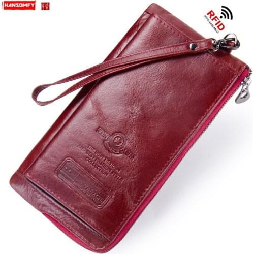 RFID Anti-theft Brushed Leather Ladies Purse Women Wallet Cowhide with Wrist Strap Female Clutch Bags Long Card Holder Wallets