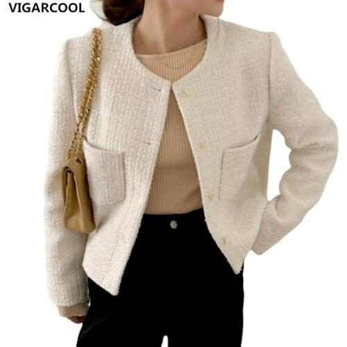 French simple Temperament round neck single-breasted Loose Jacket elegant Feminine pocket long sleeve tweed short jacket Female