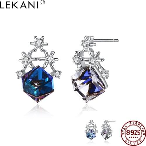 LEKANI Fashion Classic Earrings S925 Sterling Silver Christmas Snowflakes Colorful Stud Earrings New Square Austria Crystal