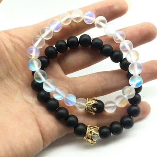 Couples Cz Crown Bracelets Wholesale1 sets/lot 8mm Natural Matte Onyx & Flash Beads Black and white bracelet