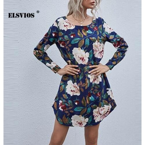 Casual O Neck Cotton Linen Flower Print A-line Dress Fall Winter Fashion Loose Waist Long Sleeves Dress Elegant Pullover Vestido