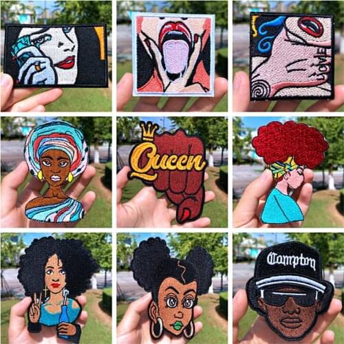 Prajna Punk African Woman Queen Patches Japanese Anime Girl Embroidered Patches for Clothing DIY Iron On Patches Applique Cloth