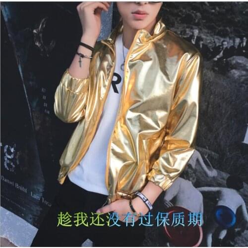 Silver jacket mens jacket reflective trend tide nightclub singer costumes bright thin jacket gold laser paint leather collar