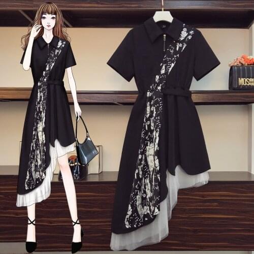 Black Patchwork Chiffon Dress Summer New Irregular Short Sleeve Fashion Casual Simple Mesh Splicing Clothing 2021