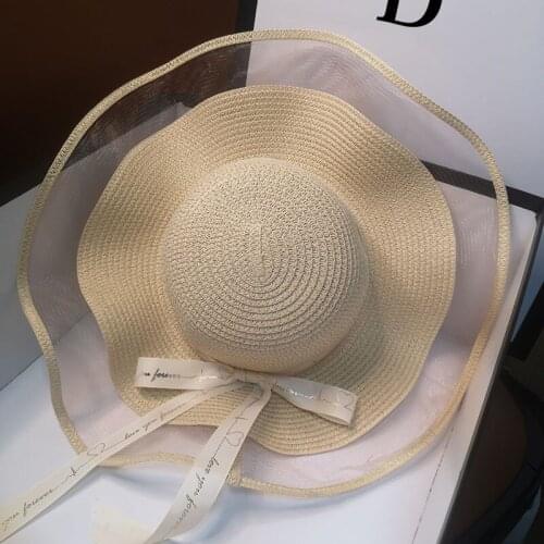 HT265 Brim Straw Hat Lace Beach Hats Women Fashion Ladies Summer UV Protection Foldable bowknot Sun Shade Cap Sunhat