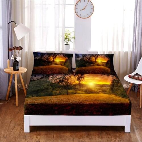 Setting Sun Digital Printed 3pc Polyester Fitted Sheet Mattress Cover Four Corners with Elastic Band Bed Sheet Pillowcases
