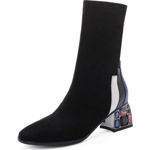 New Women Shoes High Heels Slip ankle boots winter Stretch socks boots elegant Square high heels shoes female Plus size 34- 43