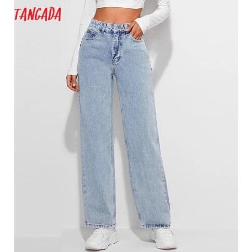 Tangada 2021 Fashion Women Loose Blue Wide Leg Jeans Pants Long Trousers Pockets Buttons Female Pants JE164