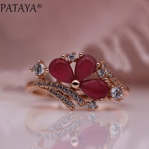 PATAYA New Three Water Drop Women Rings 585 Rose Gold Round Natural Zirconia Wedding Party Fashion Jewelry Trendy Colored Rings