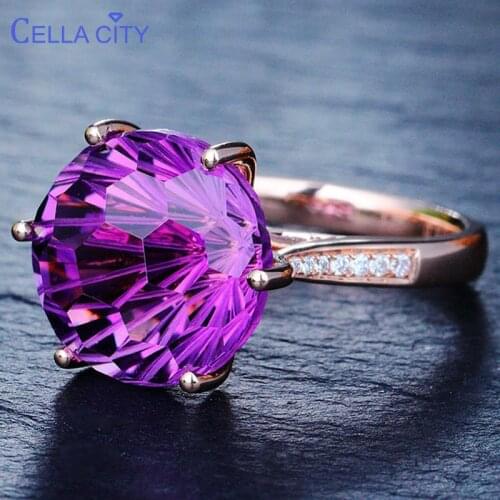 Cellacity Trendy Korean 925 silver ring with round amthyst gemstone open adjust size Wedding Engagement Ring Finger Jewelry