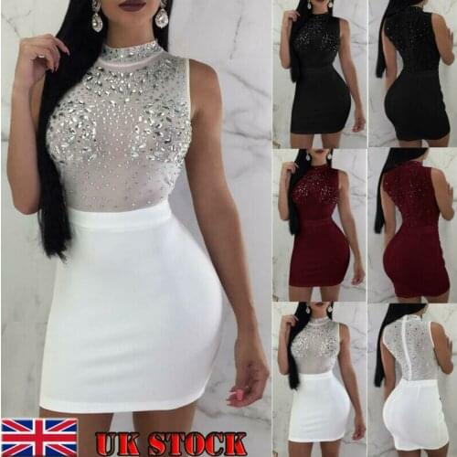 Womens Ladies Sexy Deep V Bandage Sequin Bodycon Sleeveless Evening Party Cocktail Club Short Mini Dress Hip Tight Skirt