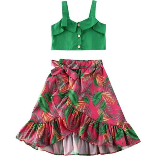 2020 Fashion Toddler Kids Baby Girls Clothing Set Green Sleeveless Cotton Crop Top Floral Skirt 2Pcs Outfits Summer Clothes 1-6Y