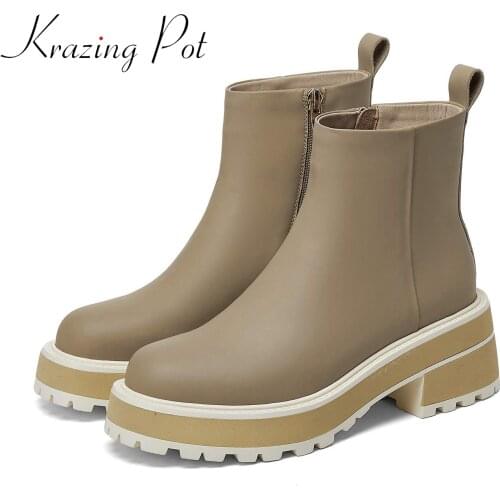Krazing pot new cow leather winter round toe motorcycles boots thick bottom platform zipper artsy fashion style ankle boots l7f5