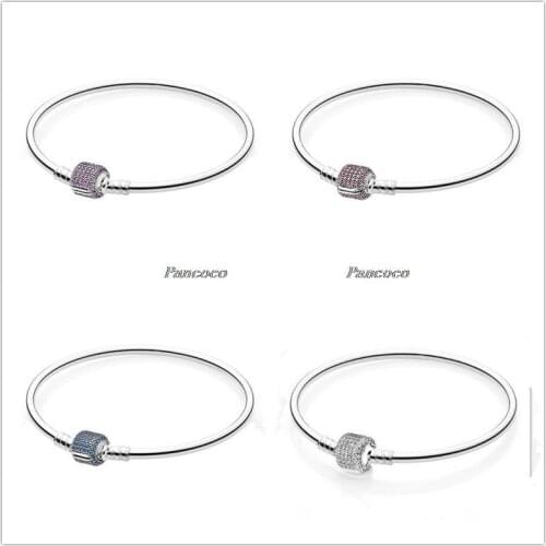 925 Sterling Silver Pave Barrel Clasp With Crystal Snake Chain Bracelet Bangle Fit Women Bead Charm Fashion Jewelry