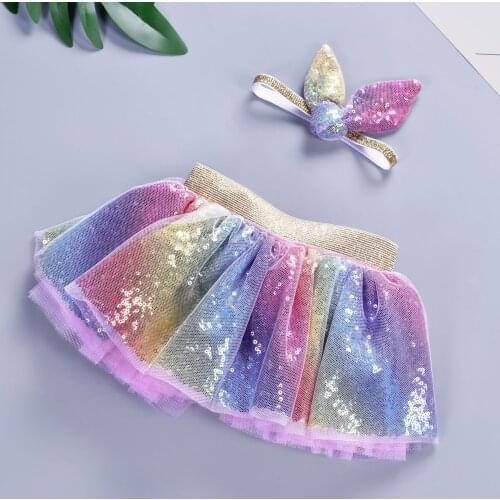 Kids Multilayer Elastic Waist Skirts for Girls Skirt Headdress Two-piece Performance Clothing Baby Girls Sequins Mesh Tutu Skirt
