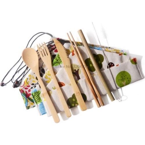 DHL 100set Bamboo Cutlery Set Travel Utensils Wooden Dinnerware Outdoor Portable Bamboo Tableware Set