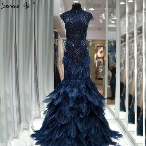 Dubai Luxury Blue Diamond Beading Evening Dresses 2020 Feathers Mermaid Sleeveless Sexy Evening Gowns Real Photo LA60734