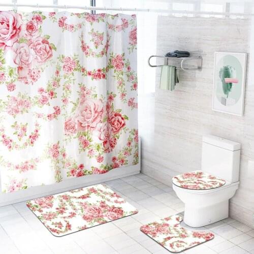 Chinese Rose 4 Pcs/Set Shower Curtain Bath Rug Set Toilet Cover Bath Mat Set Bathroom Accessories Curtains with Hooks