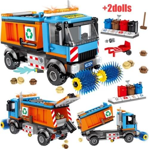 View Sanitation Cleaning Vehicles Street Building Blocks For City Pizza Takeaway Car Figures Bricks Toys for Children gift
