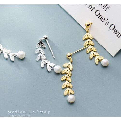 Modian Authentic 925 Sterling Silver Long Tree Branch Leaves Elegant Pearl Drop Dangle Earring for Women OL Style Fine Jewelry