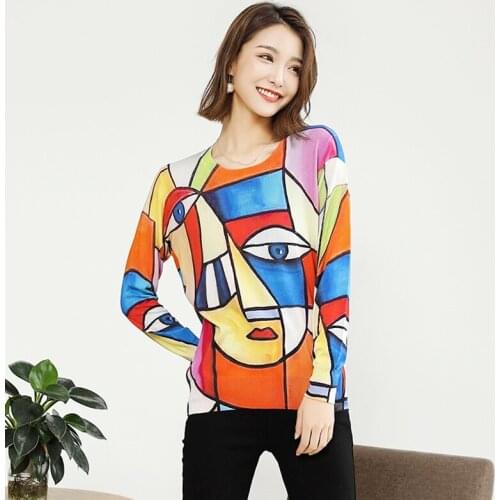 2020 autumn new foreign trade womens blouses round neck abstract contrast printing knit sweater women loose knit sweater