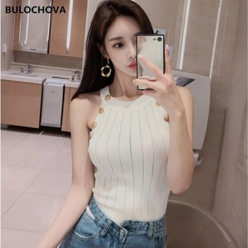 Drop Shipping 2021 Korean Summer Dress Women Fashion Halter Sleeveless Buttons Blouse Slim Thin Knitted Tops