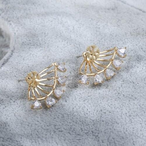 Zhijia creative heart shape rhinestone gold silver color geometric sector stud earrings for women party gifts