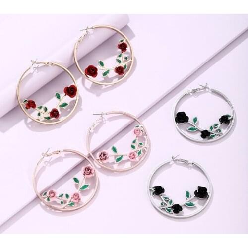 Temperament Retro Rose Flower Hoop Earrings for Women Metal Simple Hollow Drop Earrings Fashion Jewelry Accessories