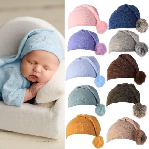 1PC Newborn Photography Hat Baby Soft Cute Beanies Knit Fur Ball Hat Photo Studio Props Accessories for 0-6 Months Baby