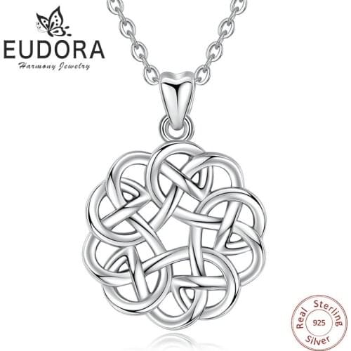 EUDORA Unique 925 Sterling Silver Celtics Love Knot Flower Pendant Necklace Fashion Women Jewelry Family Girl Birthday Gift D256