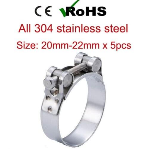 20mm-22mm x 5pcs Single Bolt Heavy Duty Hose Pipe Clamp 304 Stainless Steel Strong Force High Pressure Robust Tube Clips