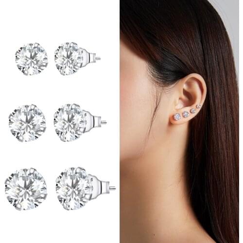 Bisaer 925 Sterling Silver Shiny Star 3 Size Stud Earrings For Women Original Simple Jewelry Statement Engagement Gift EFE166