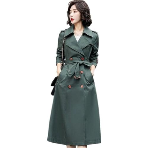 2021 Fashion Dark Green Trench Coat Women Spring Autumn Double-Breasted Belt Slim X-Long Windbreaker Casual Top Cape Coat KW1090
