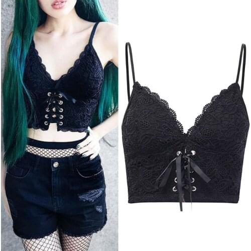 Women Gothic Sleeveless Crop Top Sexy V-Neck Cross Bandage Short Vest Embroidery Floral Lace Zipper Backless Clubwear