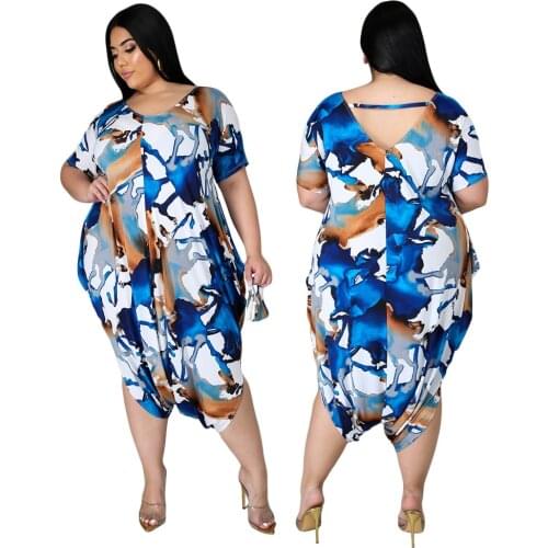 L-4XL summer 2021 plus size jumpsuit women clothing fashion blue printing short sleeve loose romper Wholesale Dropshipping