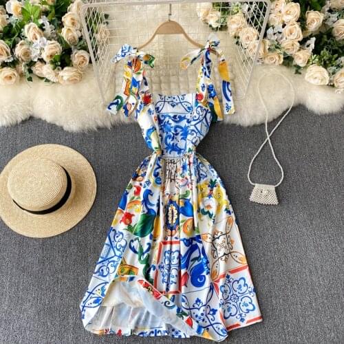 Menahem Runway Summer Dress 2021 New Womens Bow Spaghetti Strap Backless Blue and White Porcelain Floral Print Knee Dress